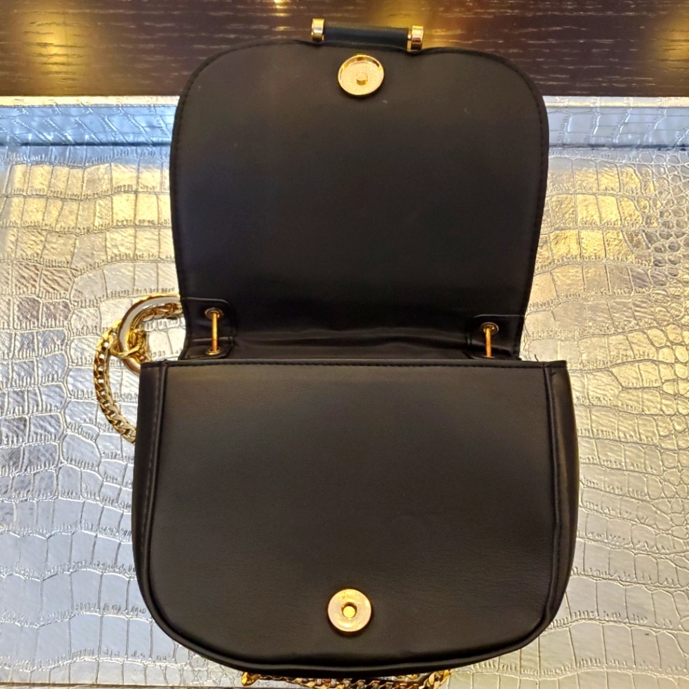 Mini Black Faux Leather Crossbody Bag with Gold Chain - Picture 5 of 11